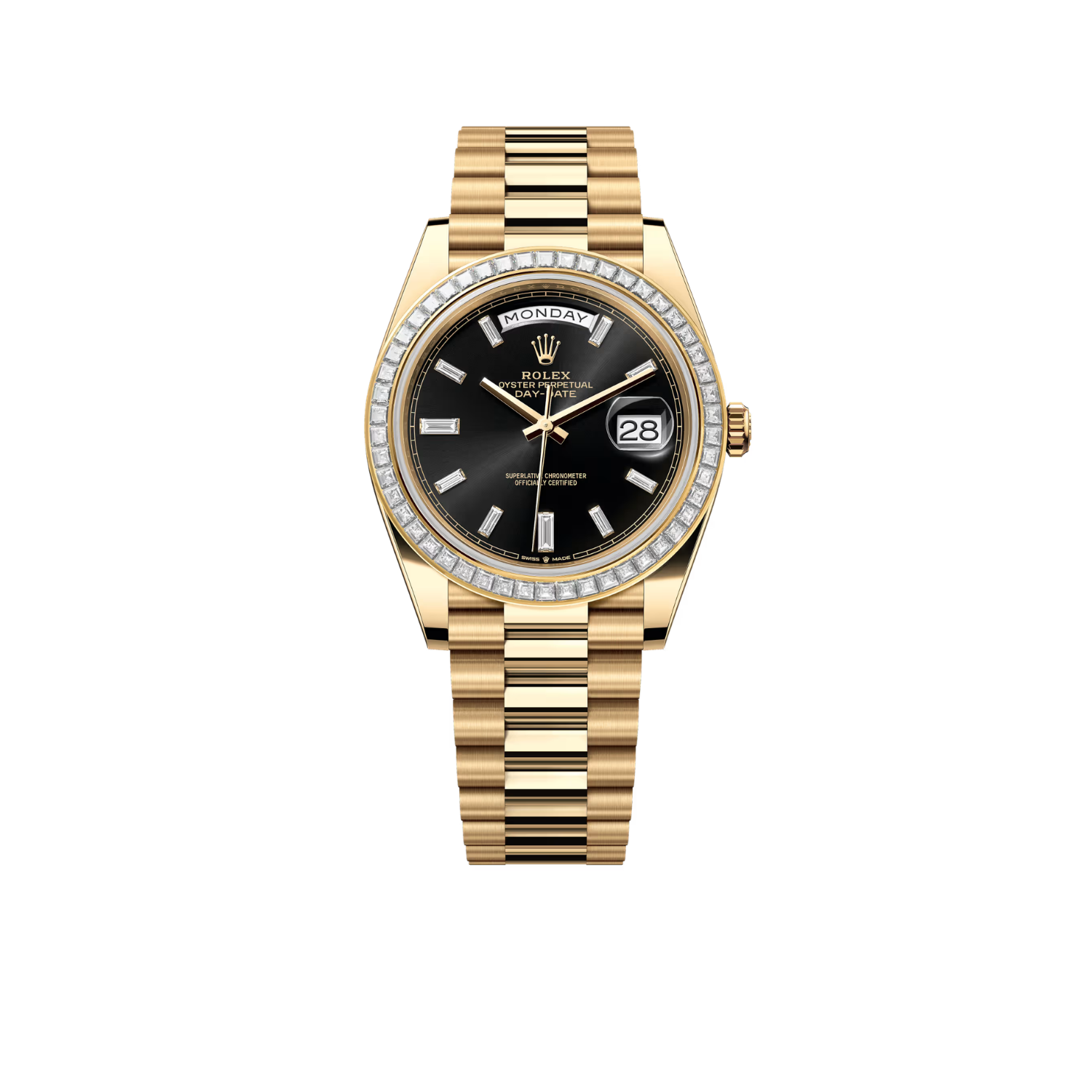 Rolex Day-Date 40mm Yellow Gold Onyx Baguette Diamond Dial Baguette Bezel m228398tbr-0001