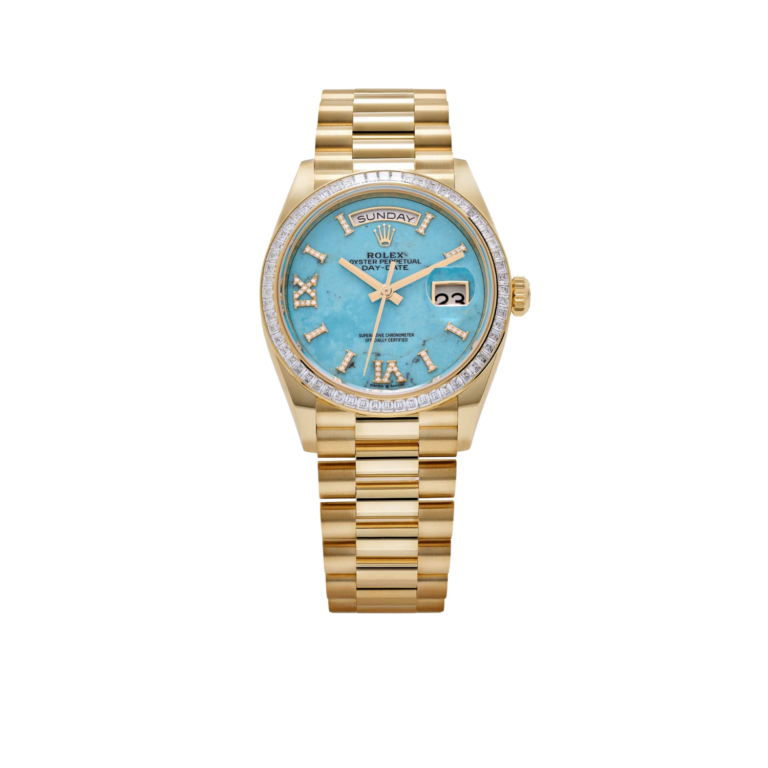 Rolex Day-Date 36mm Yellow Gold Turquoise Stone Diamond Roman Numerals Dial Diamond Bezel 128398TBR