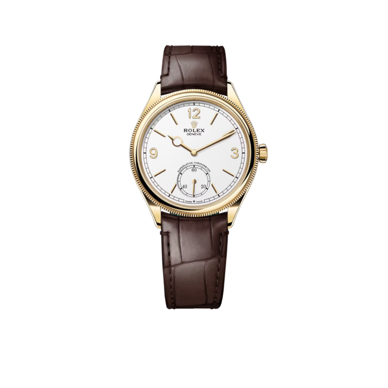 Rolex Perpetual 1908 39mm Yellow Gold White Dial Brown Alligator Leather Strap m52508-0006