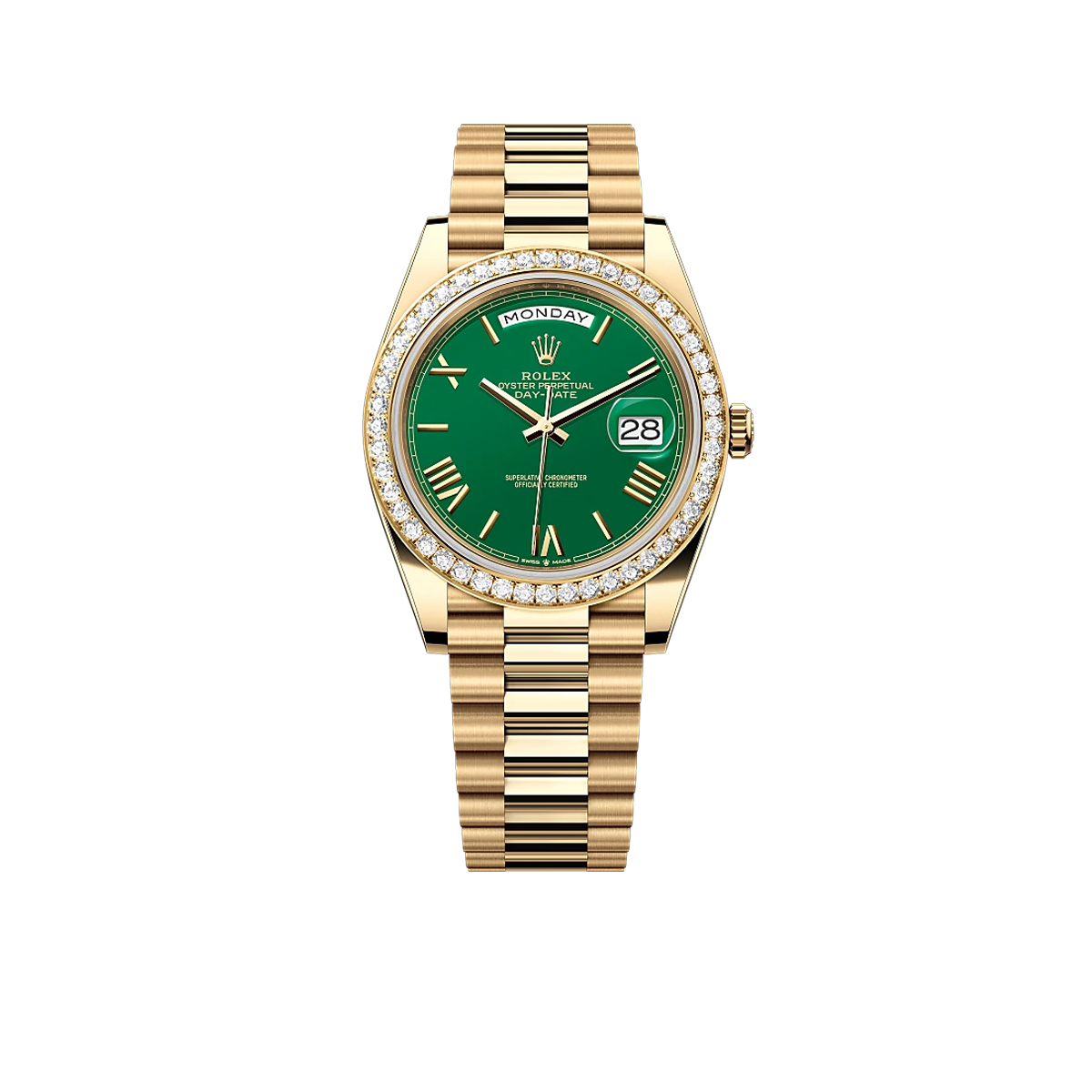 Rolex Day-Date 40 Yellow Gold Green Roman Numeral Dial Diamond Bezel M228348RBR-0040