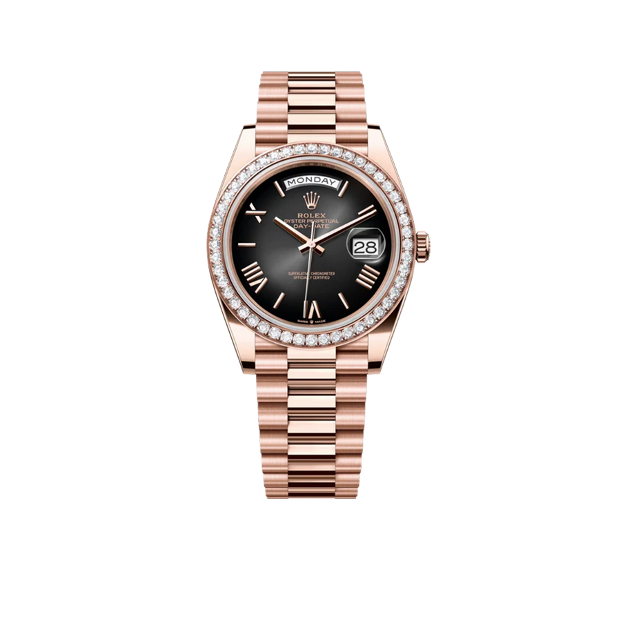 Rolex Day-Date 40 228345 Rose Gold Black Dial Diamond Bezel