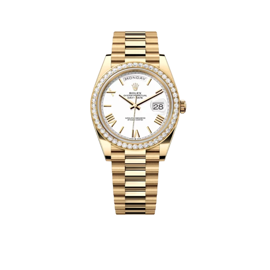 Rolex Day-Date 40 228348RBR Yellow Gold Diamond Bezel White Dial