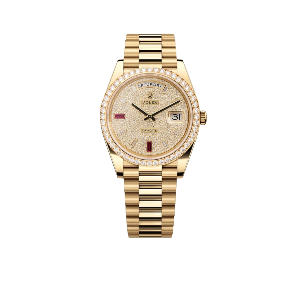 Rolex Day-Date 40mm Yellow Gold Diamond Ruby Pave Dial Diamond Bezel 228348RBR
