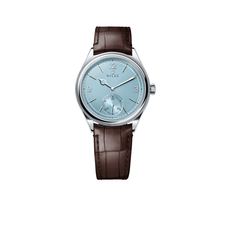 Rolex Perpetual 1908 39mm White Gold Platinum Ice Blue Dial Brown Alligator Leather Strap m52506-0002