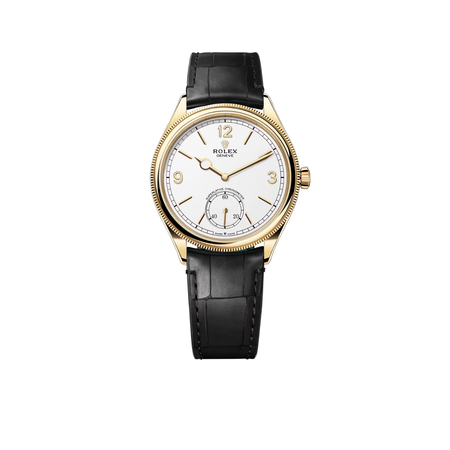 Rolex Perpetual 1908 39mm Yellow Gold White Dial Black Alligator Leather Strap m52508-0005