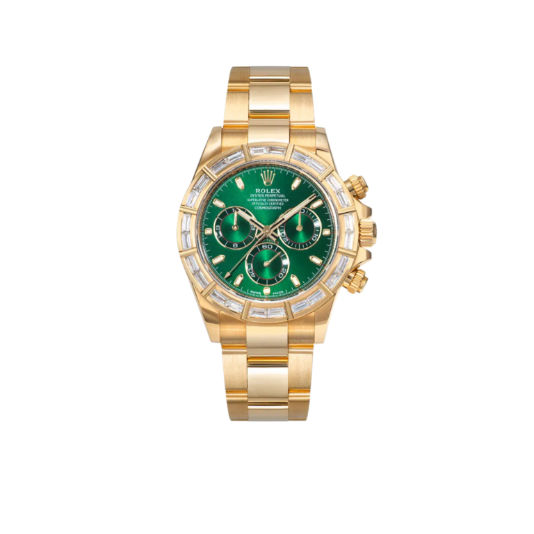 Rolex Daytona 40mm Green Dial 18K Yellow Gold Baguette Diamond Bezel Watch 116568BR (Super Clone)