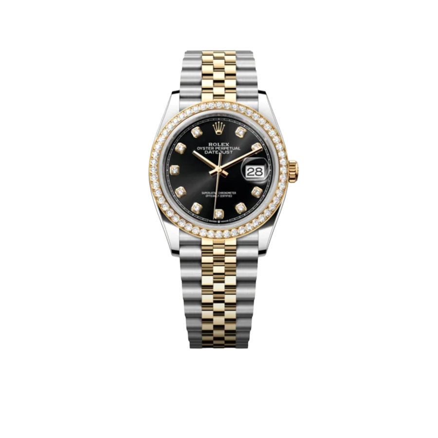 Rolex Datejust 36mm Black Dial Steel Yellow Gold Diamond Mens Watch 116243