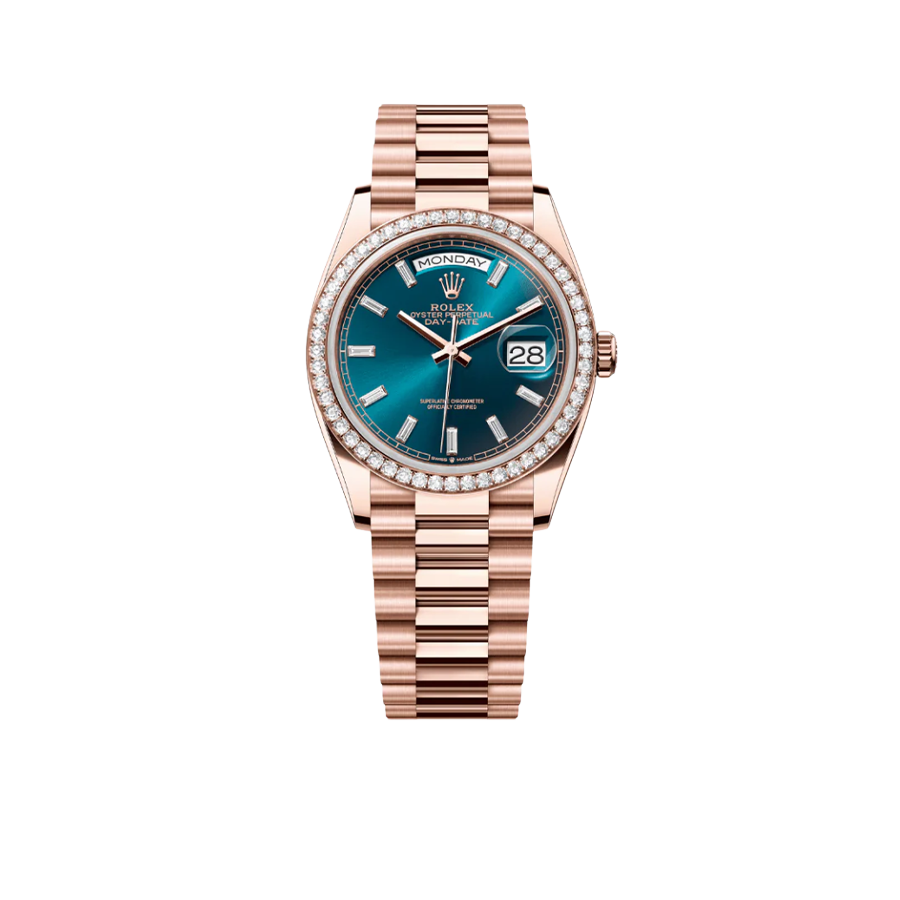 Rolex Day-Date 36mm 128345RBR Rose Gold Diamond Bezel Blue-Green Baguette Marker Dial