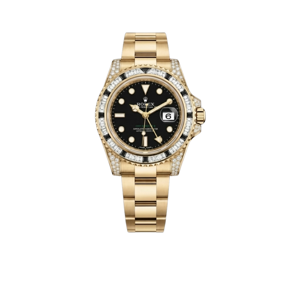 Rolex GMT Master II 18k Yellow Gold Diamond Black Sapphire 116758SANR