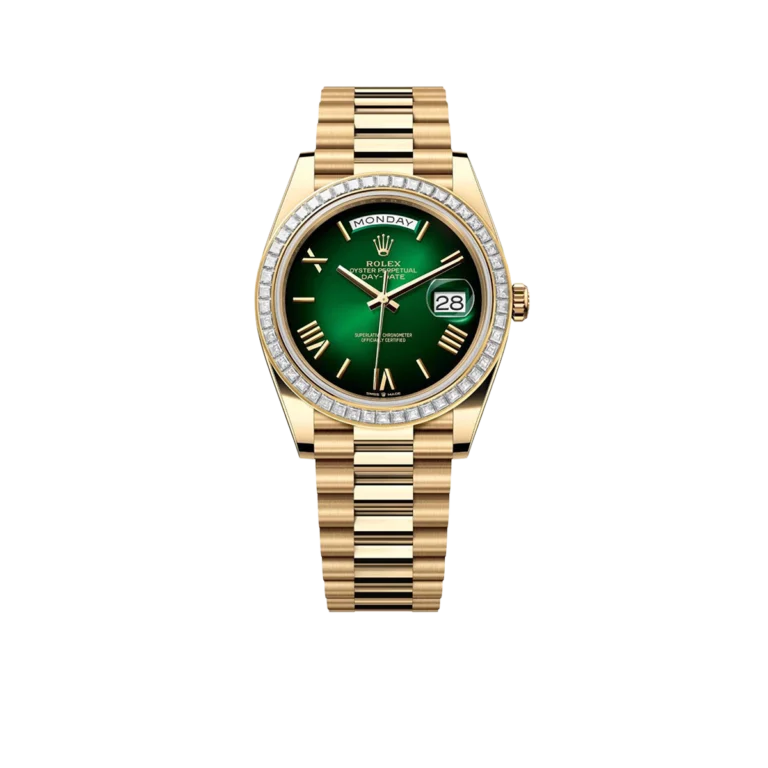 Rolex Day-Date 40mm | 18k yellow gold President bracelet | Green ombré dial Diamond bezel | Mens Watch 228398TBR