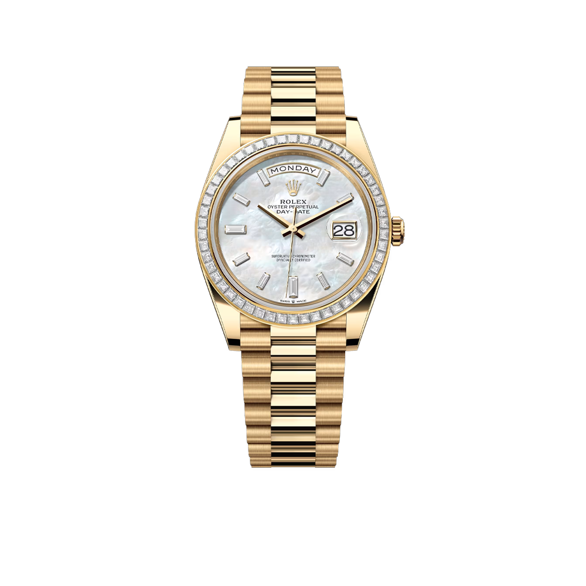 Rolex Day-Date 40 228398TBR Yellow Gold Mother of Pearl Diamond Baguette Dial and Bezel