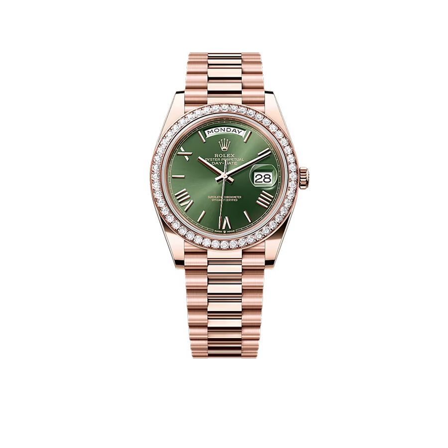 Rolex Day-Date President 40mm Everose Gold Olive Green Roman Dial Diamond Bezel ?C 228345RBR ?C New 2025