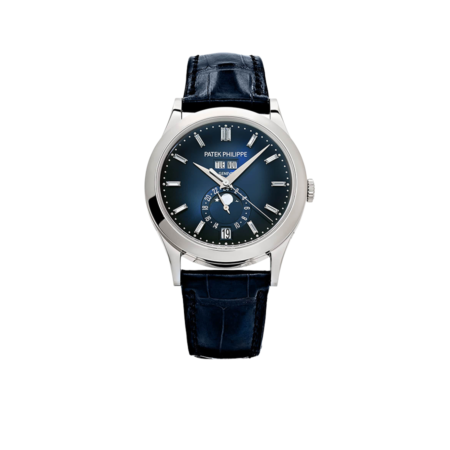 Patek Philippe Complications 39mm 5396G-017 Annual Calendar Moon Phases White Gold Blue Dial