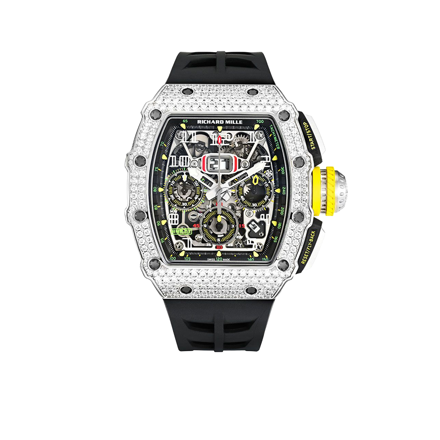 Richard Miller chronograph with a 18K platinum case, diamond-set bezel, perforated dial, and 50 mm diameter.