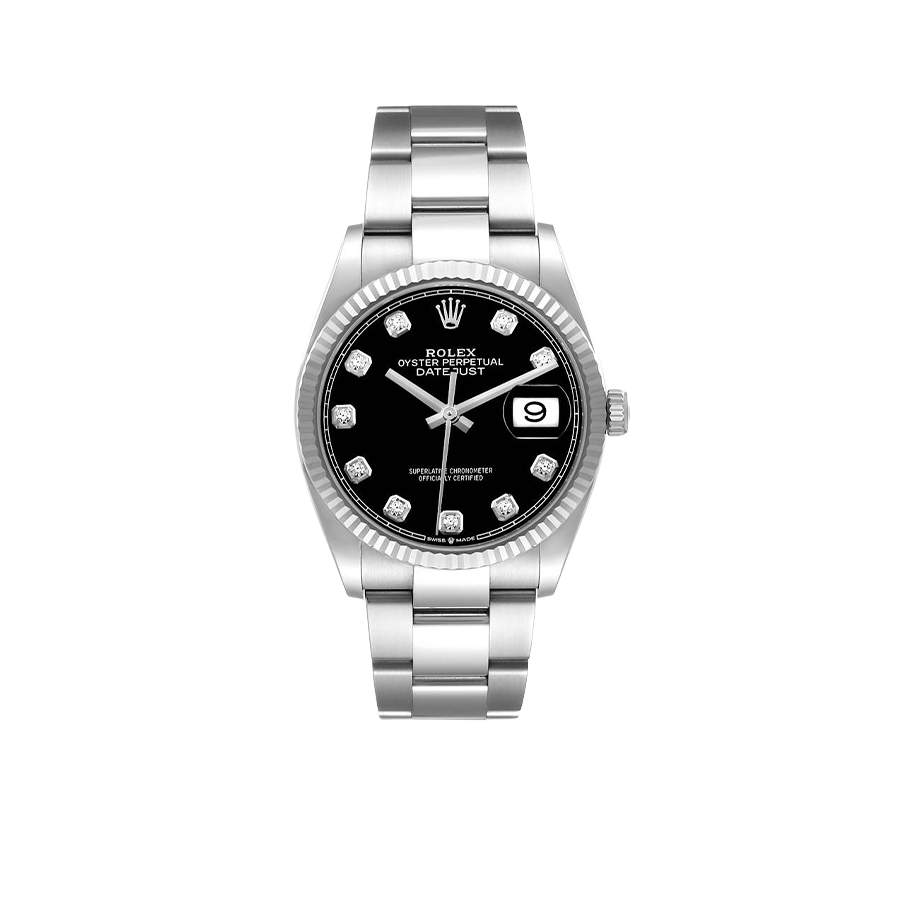 Rolex Datejust 36mm Steel White Gold Black Diamond Dial Mens Watch 126234