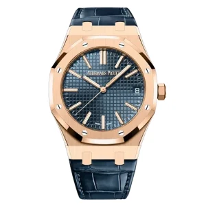 AudemarsPiguet 15510OR Rose Gold 41mm Blue Dial Blue Alligator Leather Strap Octagonal Bezel