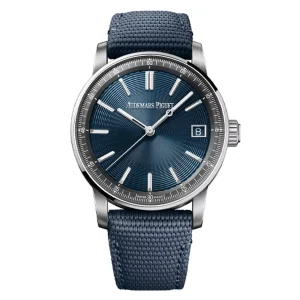 AudemarsPiguet 15210ST Blue 41mm Sunburst Rubber Coated Calfskin Round Bezel