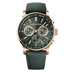 AudemarsPiguet 26393OR Green 41mm Chronograph Fabric Strap Rose Gold Bezel