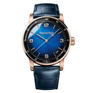 AudemarsPiguet 15210OR Rose Gold 41mm Blue Dial Alligator Leather Strap Round Bezel