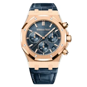 AudemarsPiguet 26240OR Rose Gold 41mm Chronograph Blue Alligator Leather Strap Octagonal Bezel