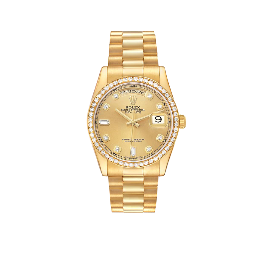 Rolex President Day-Date 36mm Yellow Gold Diamond Bezel Mens Watch 118348